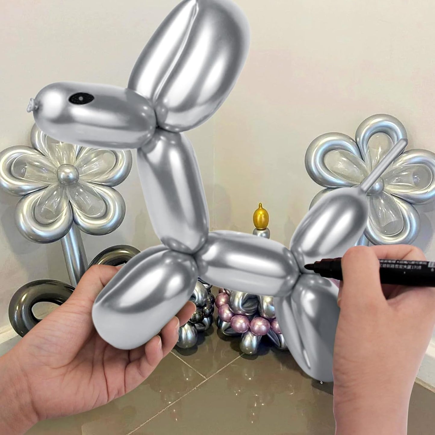100Pcs 260 Balloons Metallic Silver Long Balloons for balloon animals, silver Skinny Latex Twisting Balloon for Animals Modeling Christmas Birthday Wedding Party Decorations.(Sliver)