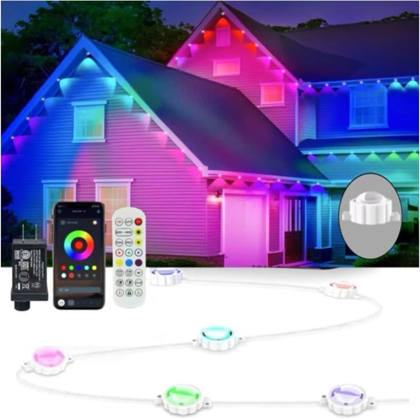 Permanent Outdoor Lights,Smart Outdoor Christmas Lights with IC+RGB 20 LED, IP67 Waterproof Eaves Lighting with 213 Modes for Halloween Christmas Birthday Holiday Party, APP/Remote Control
