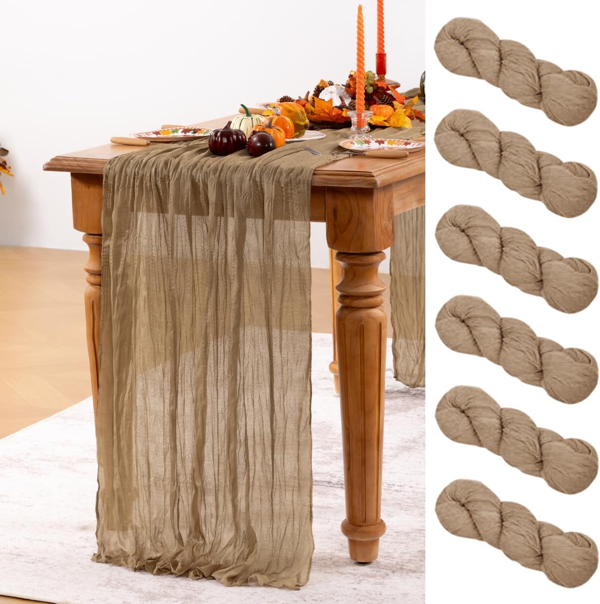 Nude Cheesecloth Table Runner 6 Pack Fall Table Runners Boho Gauze 120 Inches Coffee Cheese Cloth Fall Table Decorations for Thanksgiving Wedding Bridal Baby Shower Tea Party Decor