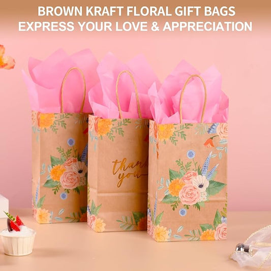 DjinnGlory 50 Pack Small Brown Kraft Gift Bags with Handles and Pink Tissue Paper for Birthday Wedding Baby Shower Party Favors, Thank You Floral Bags for Valentine's Mother's Day (9x5.5x3.15 Inch)