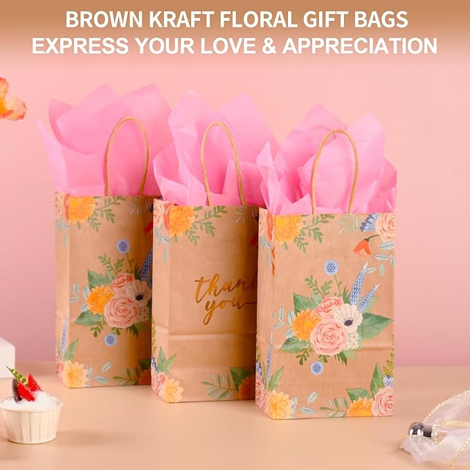 DjinnGlory 25 Pack Small Brown Kraft Floral Paper Gift Bags with Handles and Pink Tissue Paper for Party Goodies, Mother's Day, Thank You Vintage Flowers (9x5.5x3.15 Inch)