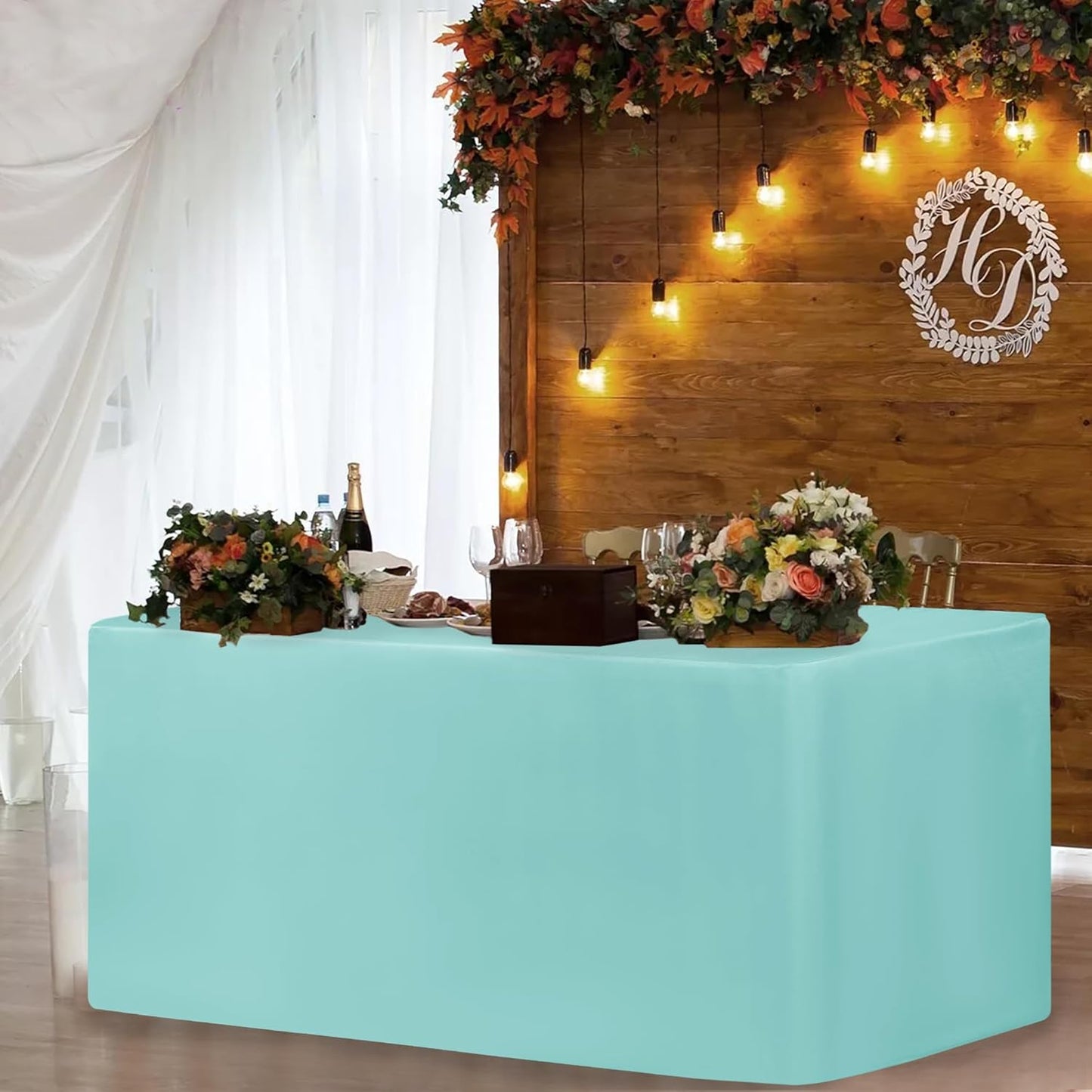 HolidayIdeas 2 Pack Fitted Table Clothes - 48 x 24 Inch - Rectangle Tablecloths for 4 Foot Tables, Polyester Fabric Table Covers for Parties, Holiday Dinner, Trade Show (Aqua)