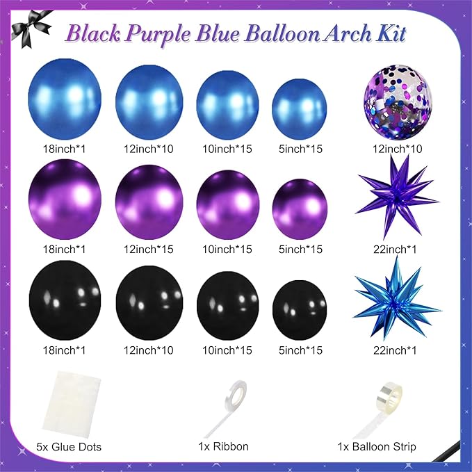 Black Purple Blue Balloon Garland Arch Kit, 140Pcs Metallic Blue Purple Teal Balloons Confetti Balloons with Stars for Fun Play Party Decorations Baby Shower Engagement Birthday Party Decorations