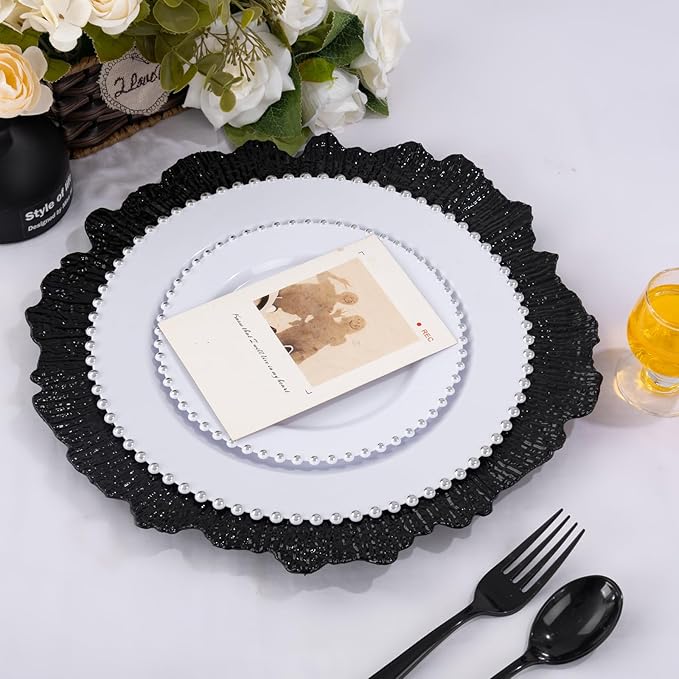 EI 50pcs Black Charger Plates With Reef High-end,13 Inch Black Chargers Heavy duty for Dinner Plates,Decorative Plate for Afternoon Tea,Wedding,Events,Business Events,Hotel Banquets