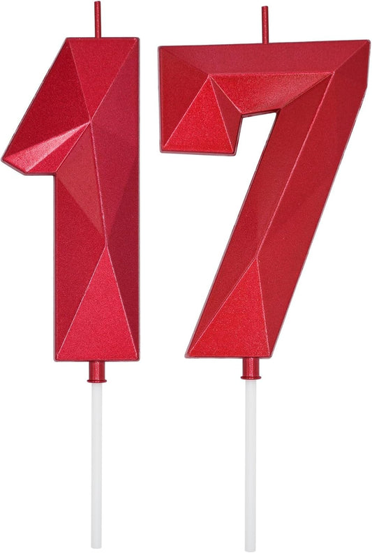 DERVENTA Birthday Candles Big Numbers 3D Red 3.7 inch Party Cake Topper 1 Piece (Number 17 Red)