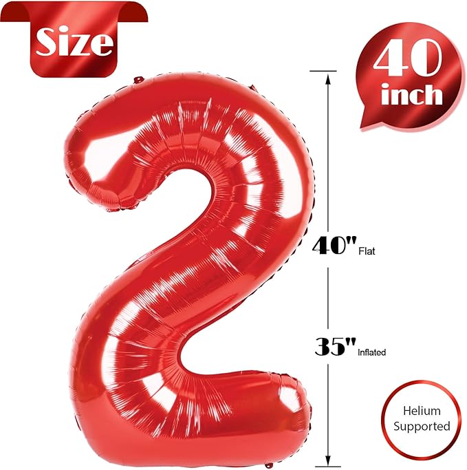 Red Number 2 Balloon 40 Inch, 2nd Birthday Decoration for Toddlers Girls Boys, Sparkling 2 Number Balloon Party Decor