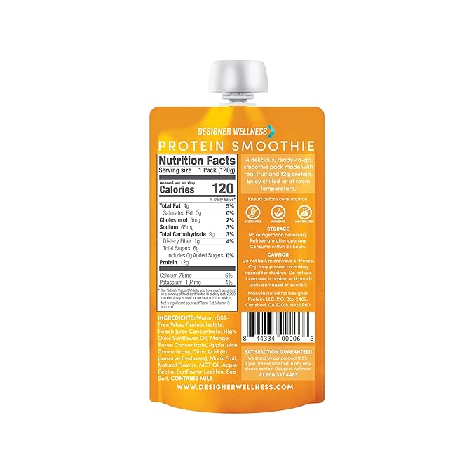 Designer Wellness Protein Smoothie, Real Fruit, 12g Protein, Low Carb, Zero Added Sugar, Gluten-Free, Non-GMO, No Artificial Colors or Flavors, Peach Mango, 12 Count