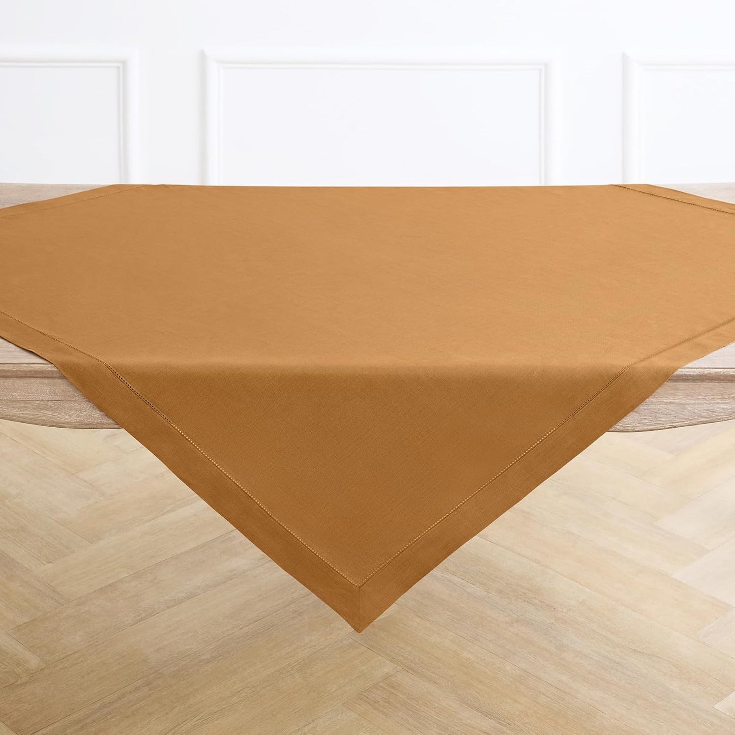 Solino Home Square Linen Tablecloth 52 x 52 Inch - 100% Pure Linen Brown Sugar Table Throw - Classic Hemstitch, Machine Washable Table Cloth for Fall, Autumn, Thanksgiving