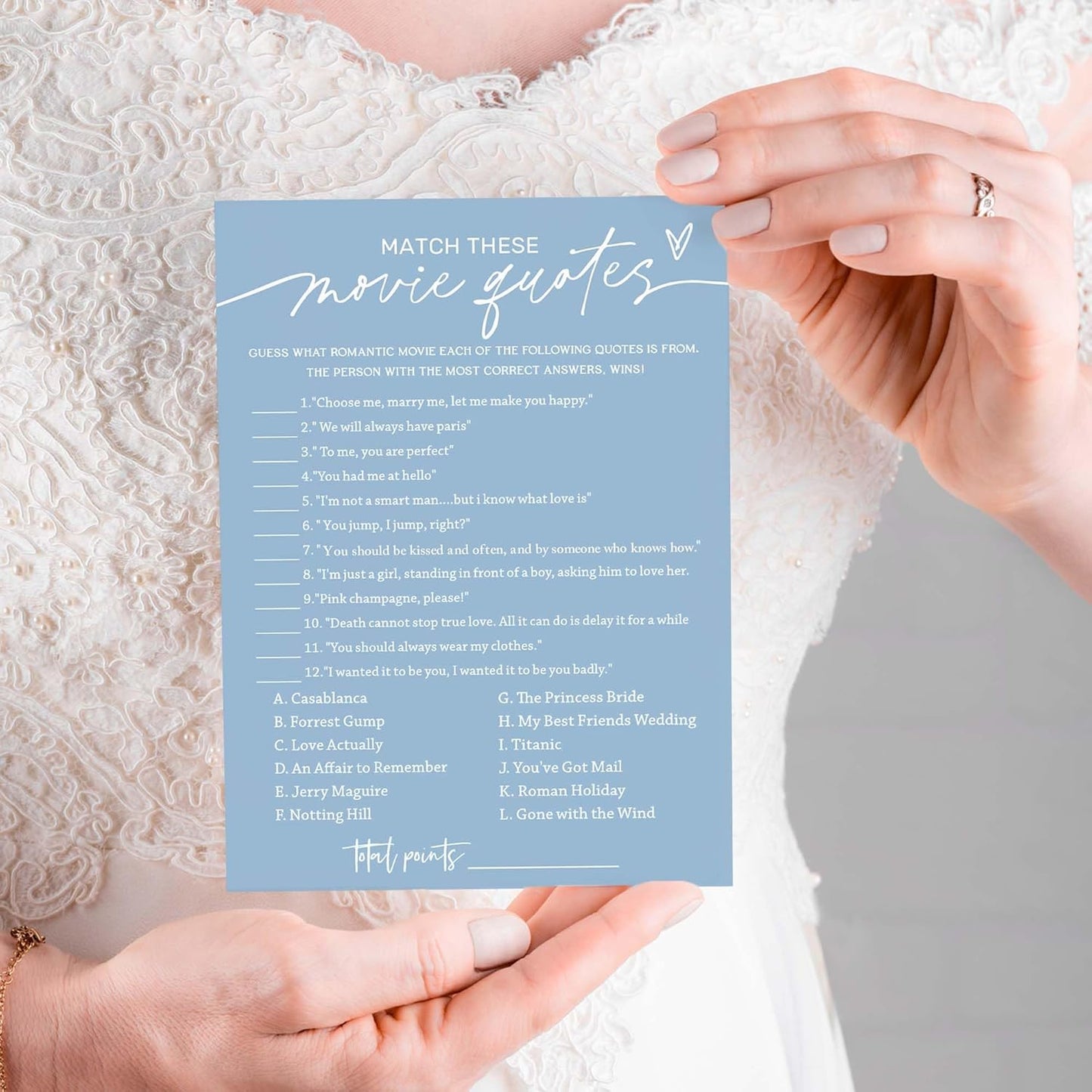 Bridal Shower Games Cards, Match These Movie Quotes, 25 Game Cards with 1 Answer Card, Engagement Party Wedding Games for Guests, Minimalist Blue Wedding Party Supplies - B09
