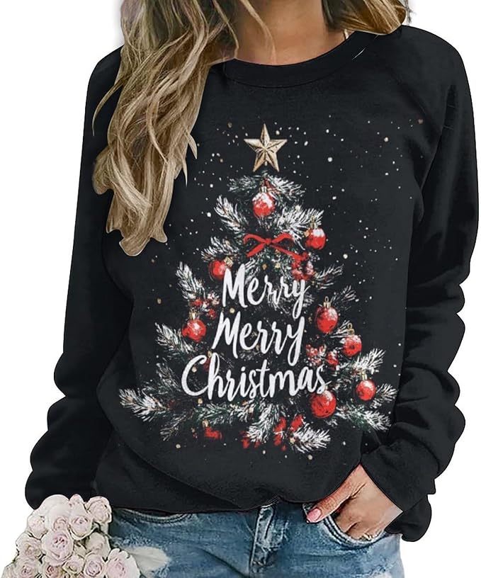 LOAIHA Christmas Sweatshirts for Women Christmas Tree Graphic Shirt Xmas Long Sleeve Merry Christmas Pullover Blouse