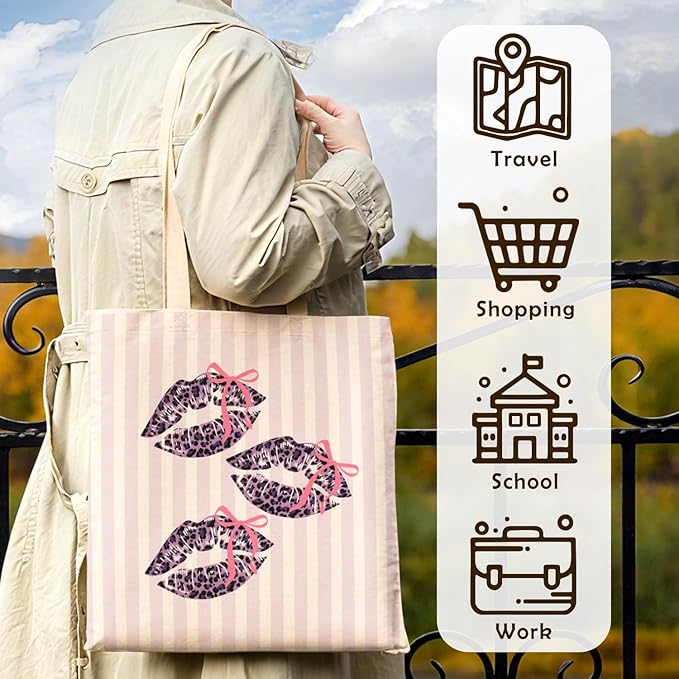 Coquette Bow Purple Leopard Lip Tote Bag for Women,Trendy Cheetah Print Canvas Tote Bag for Girls,Girly Leopard Lip Print Aesthetic Reusable Shopping Grocery Bags Party Favors