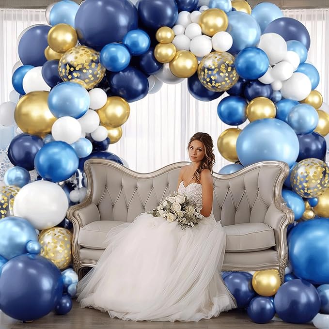 Navy Blue and Gold Balloons Arch Kit, Blue and White Balloon Arch Kit with Metallic Dark Light Blue Gold Conftti Balloons Garland for Graduation Birthday Party DIY Decoration