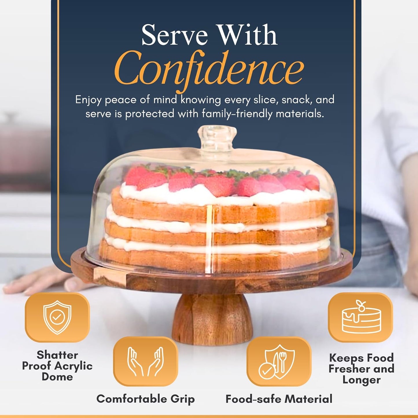 Linda's Essentials Acacia Wood Cake Stand with Lid - 12 Inch Round Cake Holder Stand with 5 Bonus Cake Sheets, 2-in-1 Wooden Cake Stand with Dome & Charcuterie Board for Cheese, Cake Plate with Lid