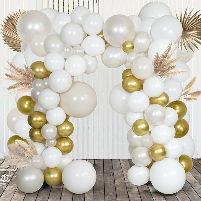 Pearl White Double Stuffed Balloon Arch Kit - Ivory, Cream & Champagne Gold Latex Balloons for Wedding, Bridal Shower, Birthday, Gender Reveal, Boho Party Garland Decor (98 Pcs)
