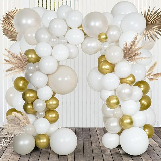 Pearl White Double Stuffed Balloon Arch Kit - Ivory, Cream & Champagne Gold Latex Balloons for Wedding, Bridal Shower, Birthday, Gender Reveal, Boho Party Garland Decor (98 Pcs)