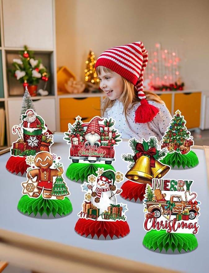 Christmas Party Table Decorations, 9Pcs 3D Christmas Honeycomb Centerpieces with Santa Claus & Snowman Designs, Festive Table Toppers for Winter Christmas Party Supplies