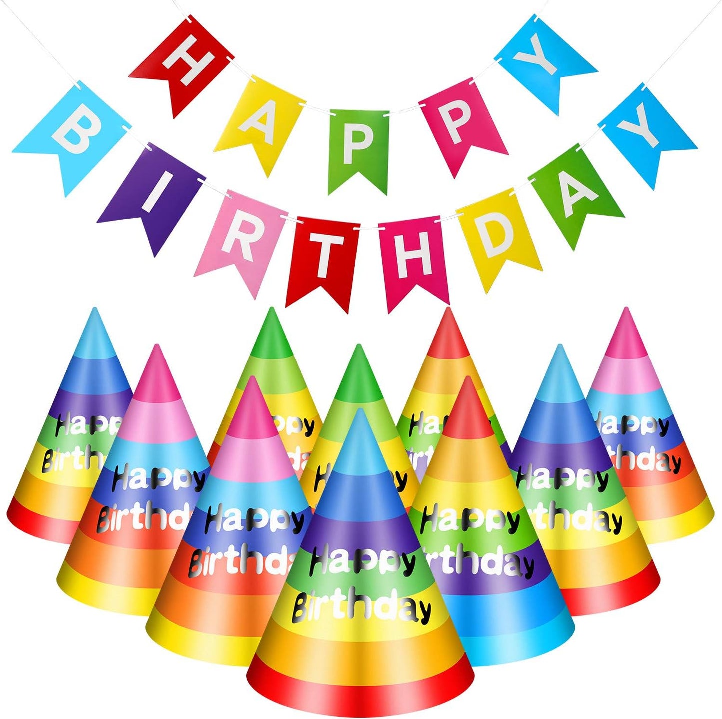 Boao 20 Pcs Rainbow Birthday Party Hats with Happy Birthday Banner Colorful Cone Hats for Adults Kids Toddlers Bulk Party Decorations Supplies