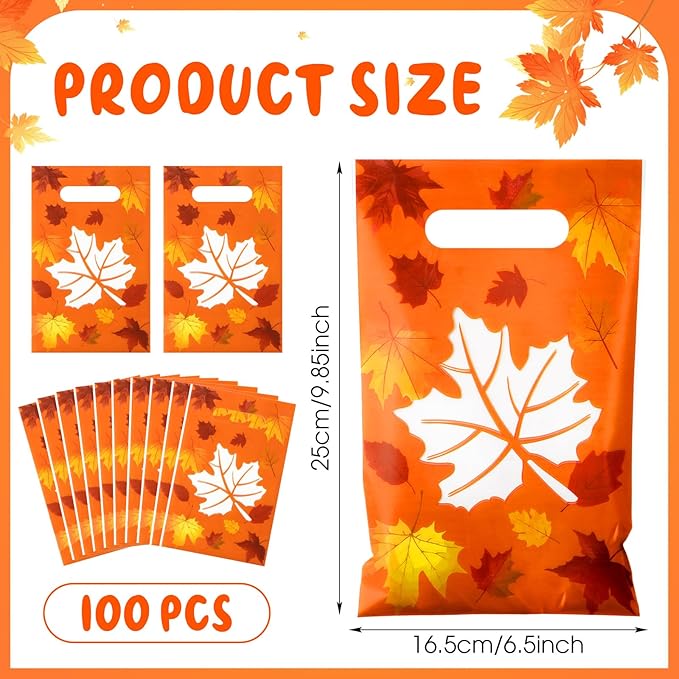Supervitae 100 Pcs Thanksgiving Party Gift Bags Fall Maple Leaves Favor Bags Bulk with Handles for Snacks Goodie Candy Treat Thanksgiving Party Supplies