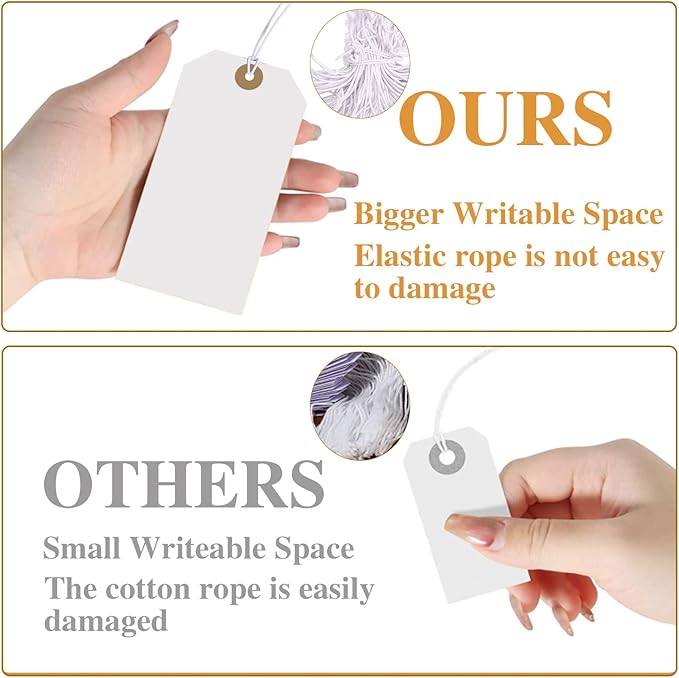 White Tags With String Attached, 200 Pcs Large Marking Paper Hanging Tags With Elastic Rope, Writable Price Blank Gift Tags for All Occasions