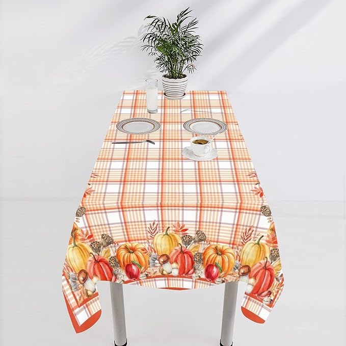 YCness Autumn Pumpkin Thanksgiving Tablecloth, Orange Striped Grid Watercolor Seasonal Colorful Fruits Maple Leaf Fall Table Decor for Home Bedroom Kitchen Dinner Table Cover 55x75 Rectangle