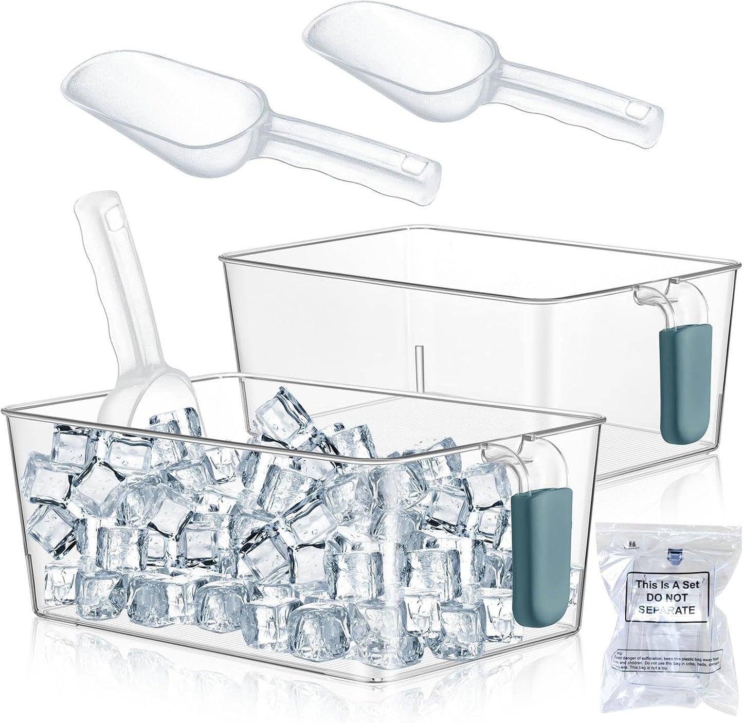 Havawish 2 Set Ice Bin and Flexible Scoop Set Plastic Freezer Ice Bin with Pull out Handle Clear Storage Bucket for Container with Bucket Scoop(Dark Blue,10.83 x 7 x 4.33 in)