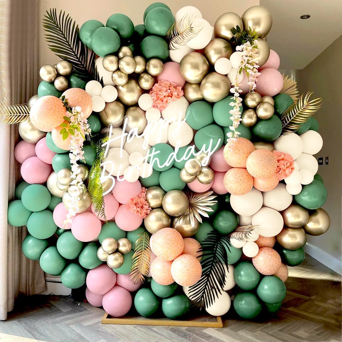 Sage Green Pink White Gold Balloons Garland Arch Kit, 160Pcs Olive Green Blush Pink White Sand Metallic Gold Balloons for Baby Shower Wedding Birthday Jungle Safari Woodland Party Decorations