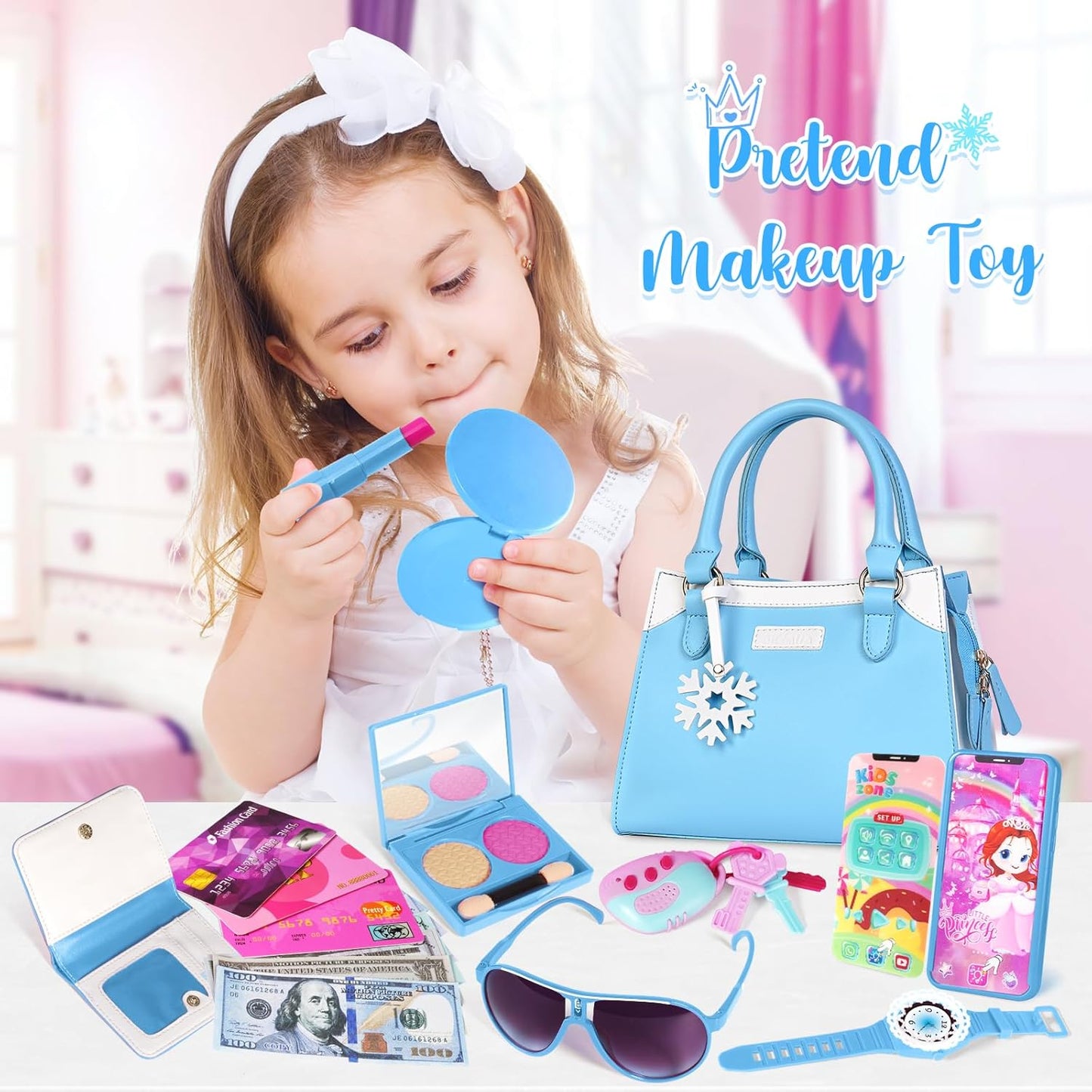 Shemira Play Purse for Little Girls, Princess Pretend Toys for Girls 3 4 5 6 7 8 Years Old, Christmas & Birthday Gift for Kids Age 3-5 4-6 6-8, Toddler Purse with Accessories, Kids Toy Purse, Blue