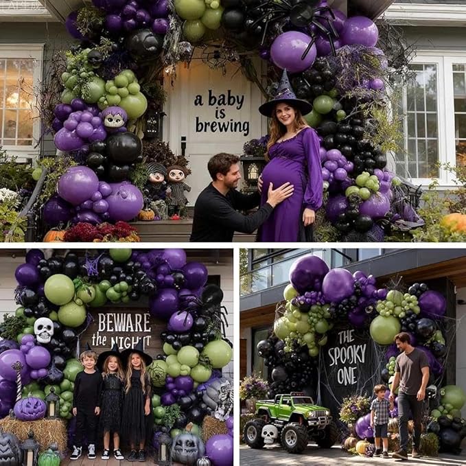 Green Purple Black Balloons Double Stuffed, Halloween Balloon Arch Garland Kit in Dark Purple Dusty Olive Green Color with Black Long Latex for Halloween Birthday Baby Shower Boo Spooky Party Decor