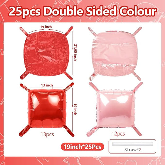 NISOCY 25PCS Red and Pearl Pink Square Foll Balloons Wall Backdrop Double Sided Red Pink Balloon Arch Kit for Birthday Bachelorette Anniversary Engagement Valentine's Day Strawberry Party Decoration