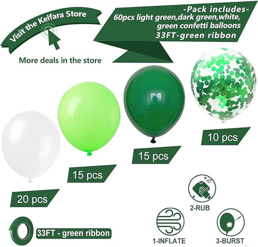 Green and White Balloons Set - 60 Pcs Party Balloons Decor - Green Confetti for Kids Birthday - Strong Latex Balloon Pack for Christmas Birthday Baby Shower, Jungle Themed Party Decoration 12 Inch
