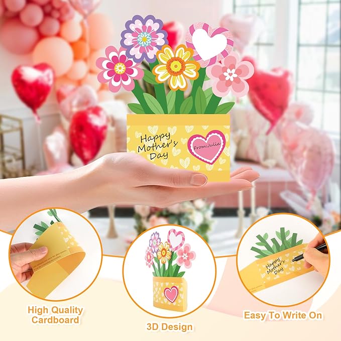 Yewfold 24Pcs Mother's Day Flower Pot Craft Kit, Mothers Day DIY Flower Pot Craft Make Your Own 3D Handmade Greeting Card Standing Floral Decor for Home Party Activities