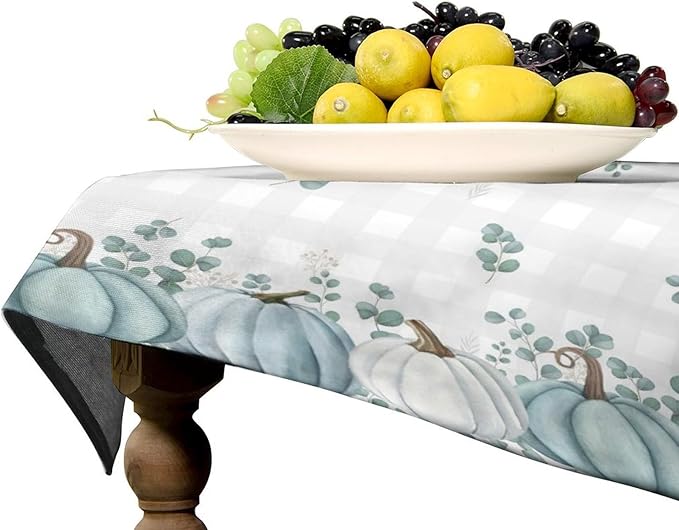 YCness Thanksgiving Pumpkin Tablecloth, Watercolor Eucalyptus Leaves Autumn Harvest Fall Watercolor Blue Gray Grid Table Cover for Party Picnic Dinner Kitchen 60x120 Inch Rectangle