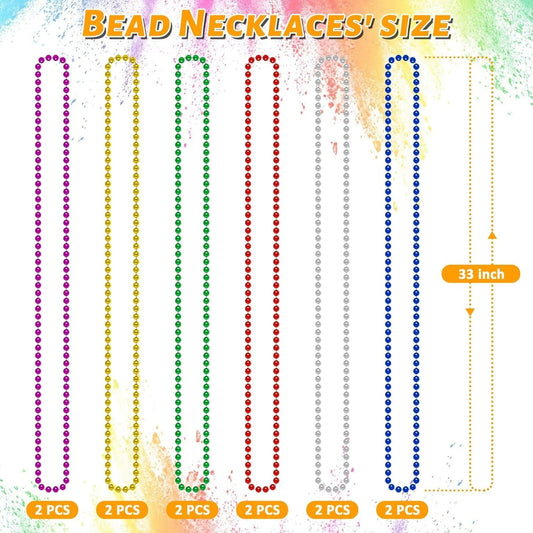Mardi Gras Beads, 12PCS Bead Necklace Party Favors, Metallic 6 Kinds of 33" Beaded Necklaces Costumes Stuff, Festival Parade Throw Accessory Sets for Mardi Gras Celebrations Decorations
