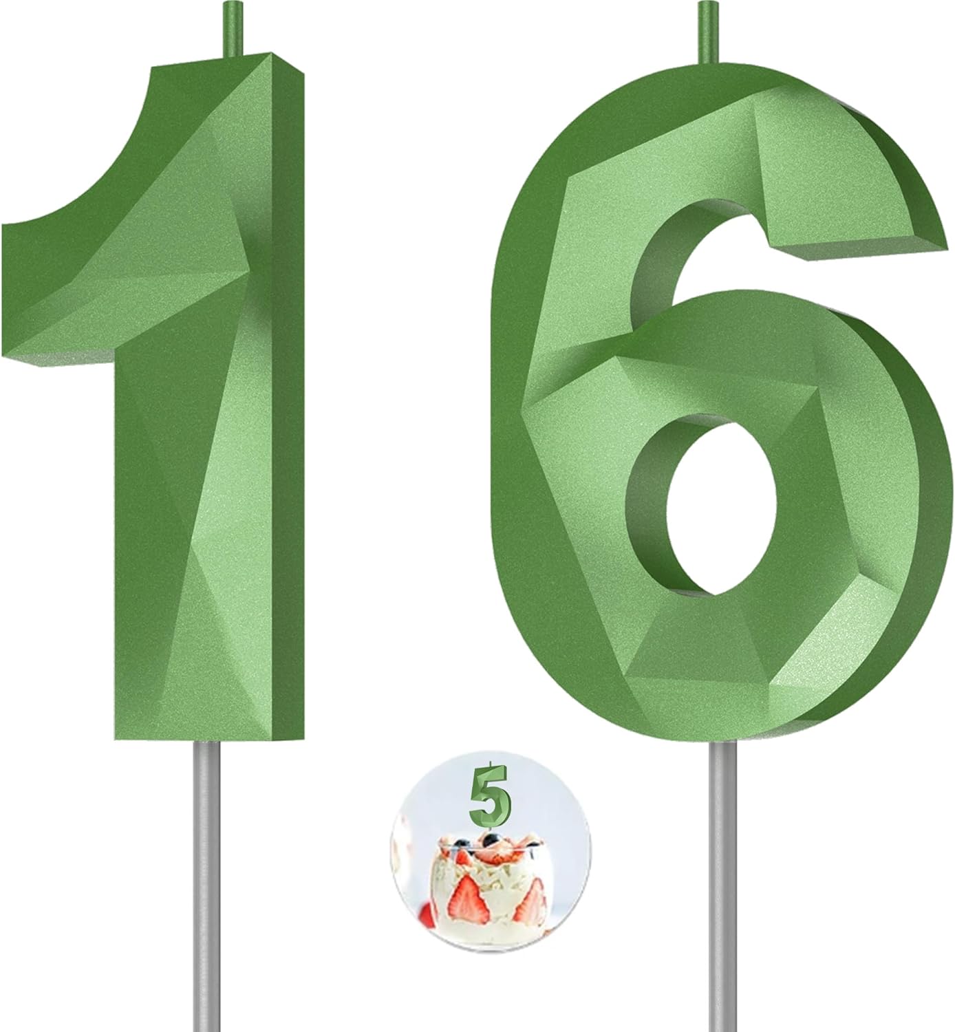 Number Birthday Candles(16 Candle Green) 3D Diamond Shape Number Happy Birthday Cake Candles for Birthday Party Wedding Decoration Reunions Theme Party