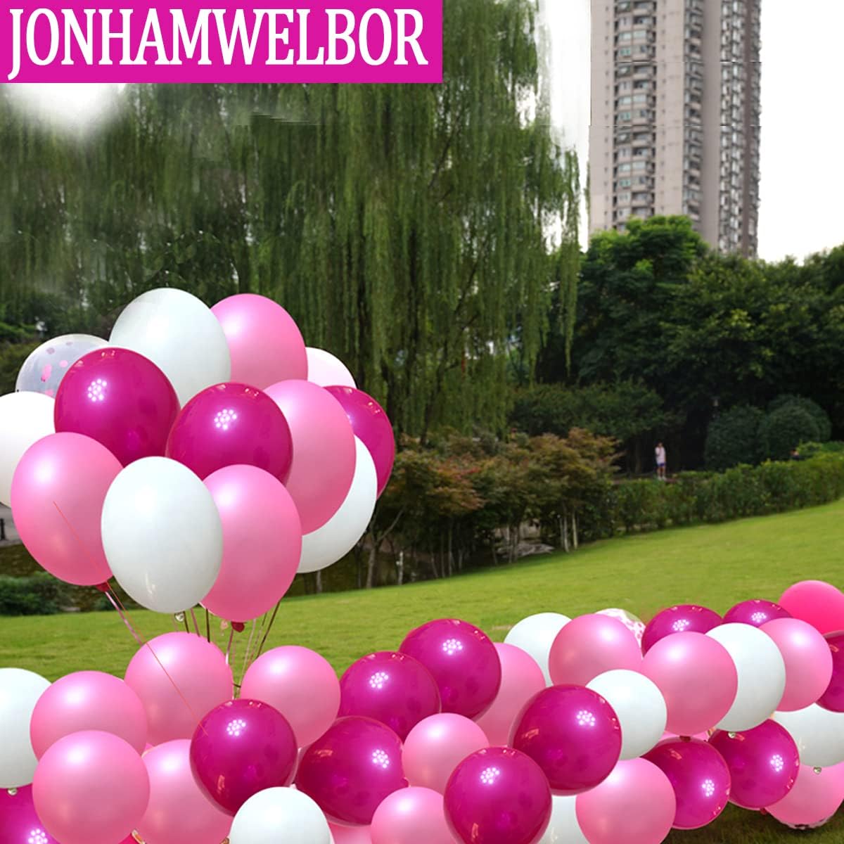 Jonhamwelbor Party Balloons Hot Pink Latex Balloons 100pcs 12inch Wedding Kid’s Birthday Bride Bachelorette Party Decorations(with Hot Pink Ribbon)