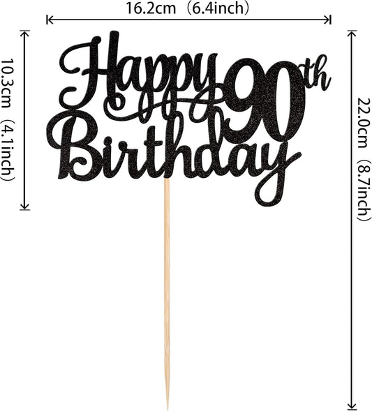 1 PCS Happy 90th Birthday Cake Topper Glitter Cheers to 90 Years Birthday Cake Pick 90 Fabulous Cake Decoration for Happy 90th Birthday Theme Party Decorations Supplies Black
