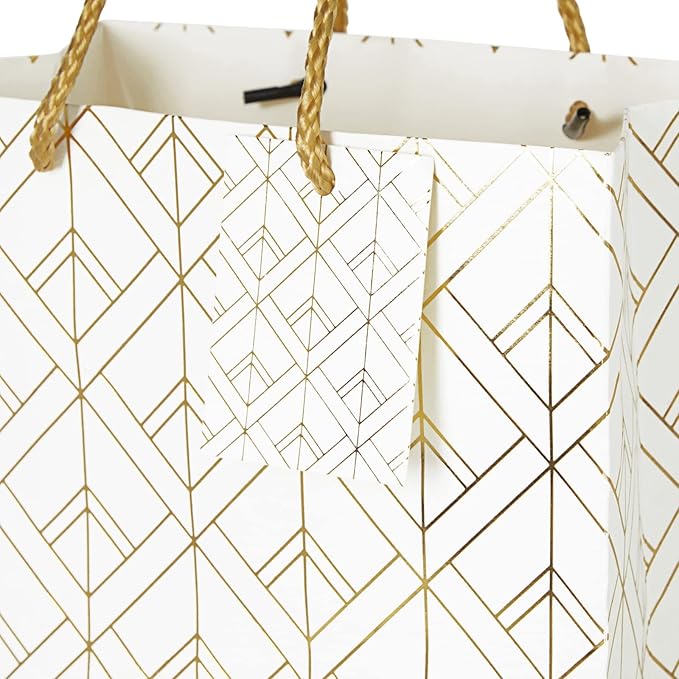 Sparkle and Bash Party Favor Bags - 8" x 10" x 4.5", Medium White & Gold, 16 Pack - Geometric Foil w/Rope Handles & Tags - Reusable Thank You Gift & Mini Gift Bags for Wedding, Bridal & Baby Showers