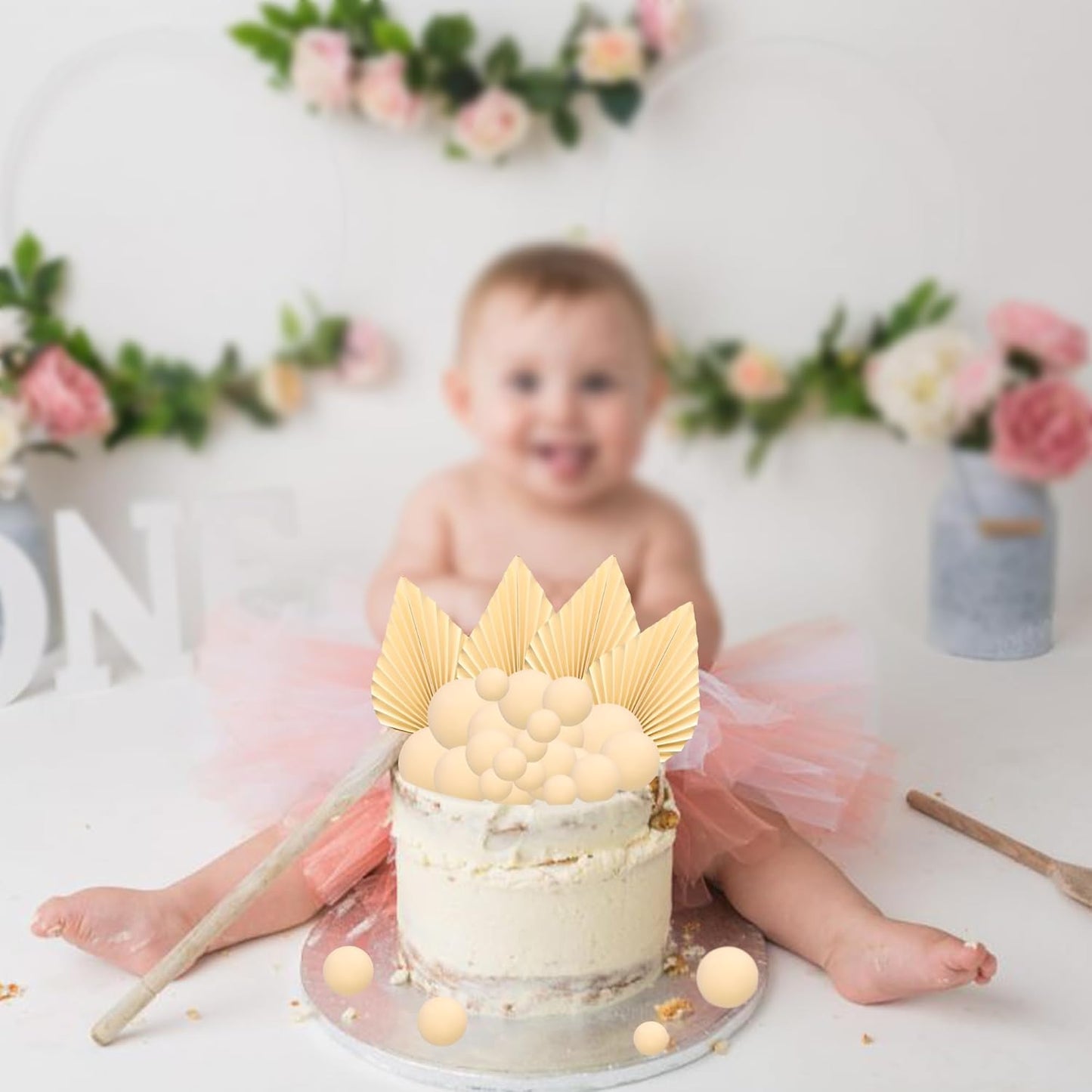 Ephlyn 28Pcs Paper Palm Fan Cake Topper Balls Cake Pick for Baby Shower Wedding Bridal Shower Birthday Party DIY Party Cake Decorations Supplies Beige