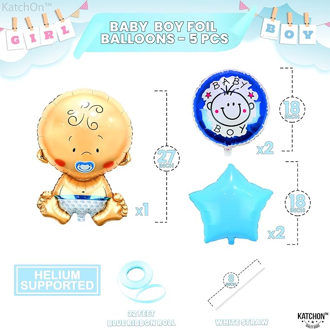 KatchOn Baby Boy Balloons Set - Large 27 Inch, Pack of 5 | Gender Reveal and Baby Shower Decorations | It's A Boy