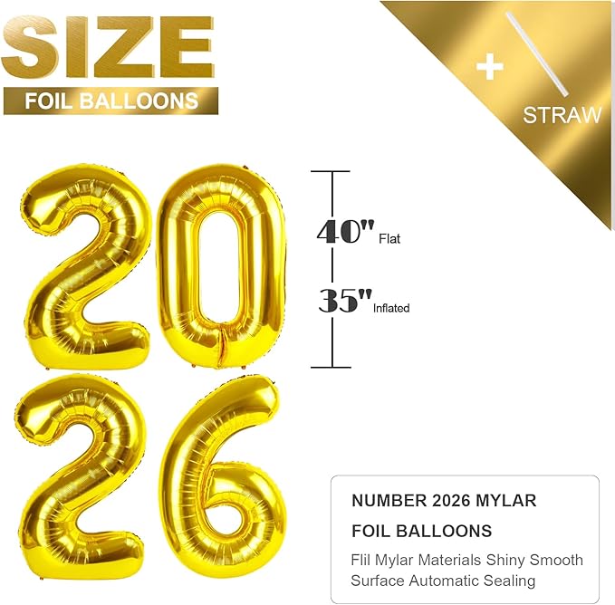 2026 Gold Number Balloons, 40 Inch Balloon, New Years Eve Decorations, Balloons for New Years Eve Party Supplies 2026, Graduation Decoration, 2 6 20 26 Birthday Parties