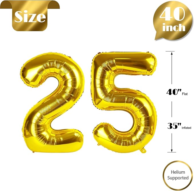 Gold Number 25 Balloon 40 inch, 25 Number Balloons, 25th Gold Birthday Decorations, 25 Year Old Women Men Golden Party Supplies