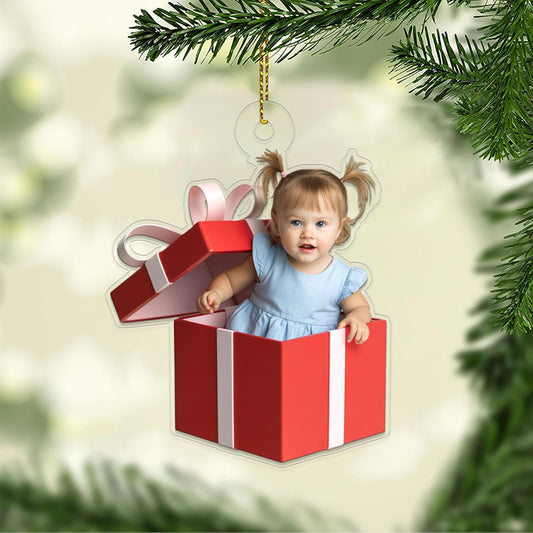 Custom Photo Baby Gift Box Ornament, Personalized Baby Keepsake, Newborn Gift, Baby Shower Decor Acrylic Ornament – Personalized Christmas Tree Decoration, Custom Holiday Keepsake
