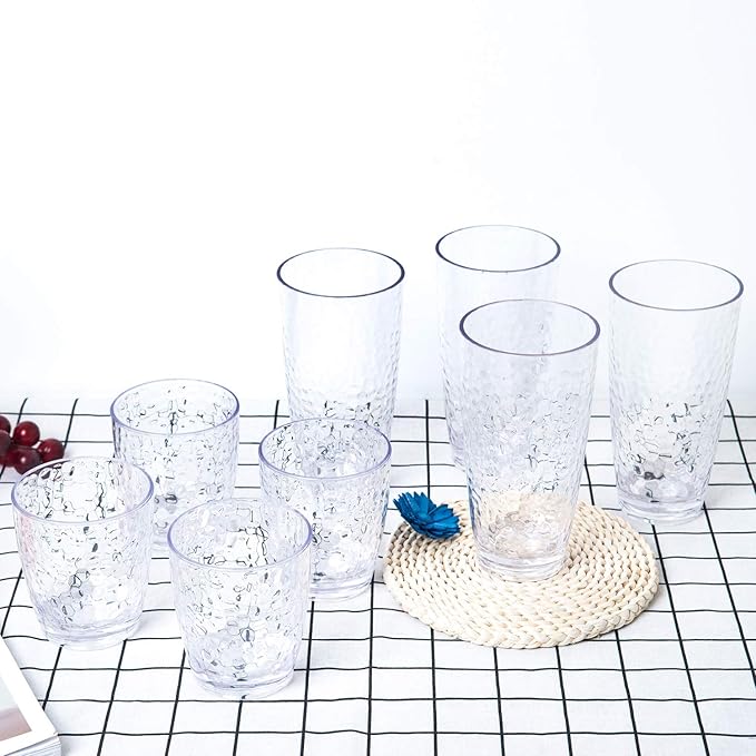 KOXIN-KARLU Hammered 15-ounce and 26-ounce Plastic Tumbler Acrylic Glasses, set of 8 Clear