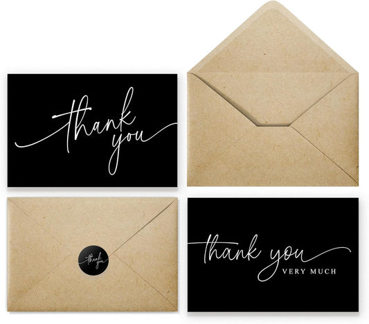 100 Thank You Cards with Envelopes - Bulk Pack Black Thank You Cards 4x6 Inch Minimalistic Design - Suitable for Business, Baby Shower, Wedding, Small Business, Graduation, Bridal Shower, Funeral