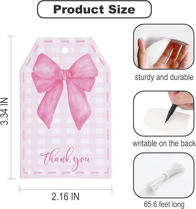 ASYEHJNR 100Pcs Pink Bow Gift Tags with String Pink Buffalo Plaid Large Gift Tags with 65Ft White String Cute Thank You White Paper Tag for Coquette Birthday Baby Shower Wedding Gift Wrap Tag