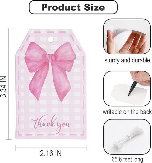 ASYEHJNR 100Pcs Pink Bow Gift Tags with String Pink Buffalo Plaid Large Gift Tags with 65Ft White String Cute Thank You White Paper Tag for Coquette Birthday Baby Shower Wedding Gift Wrap Tag