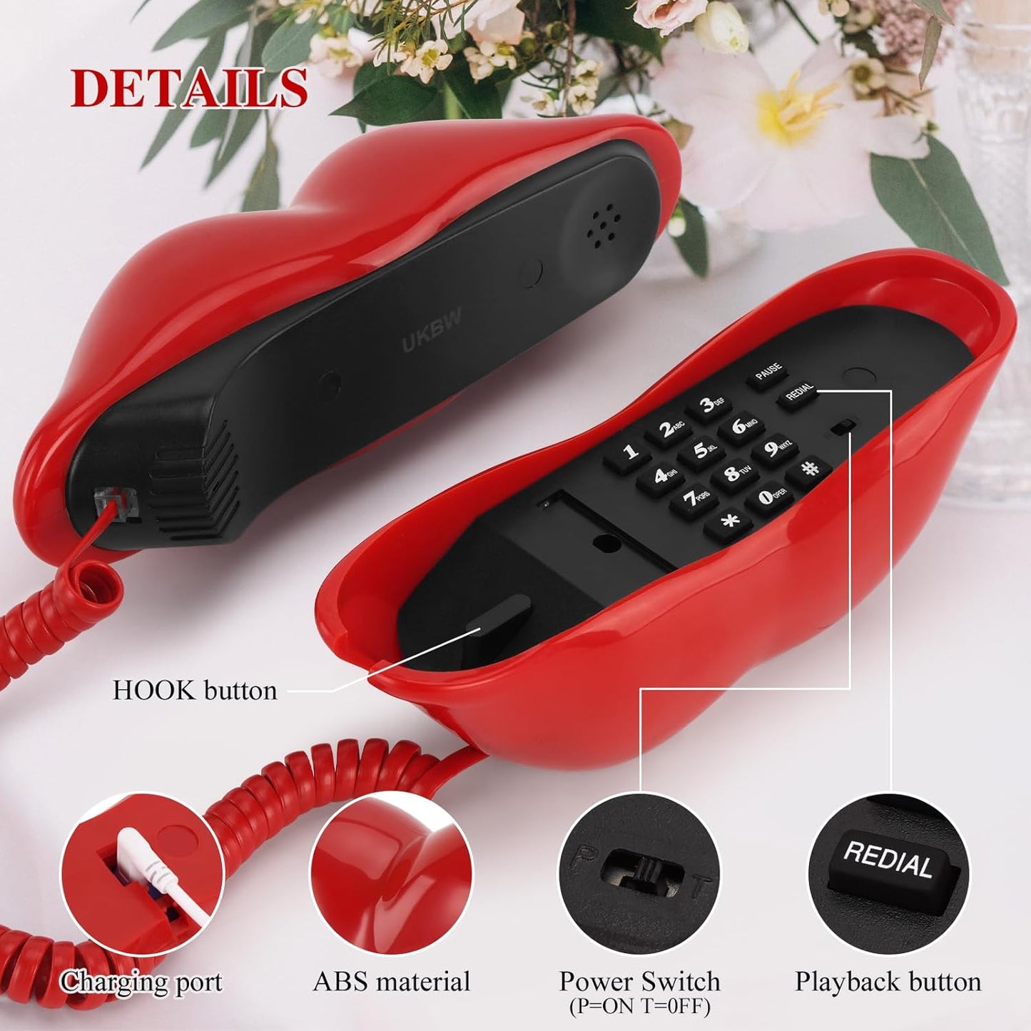 UKBW Audio Guest Book Wedding Phone, 32G Record Customized Audio Message,Interesting Mouth Lip-Shaped Audio Guestbook for Birthdays Parties Confessions Special Occasions (Red)