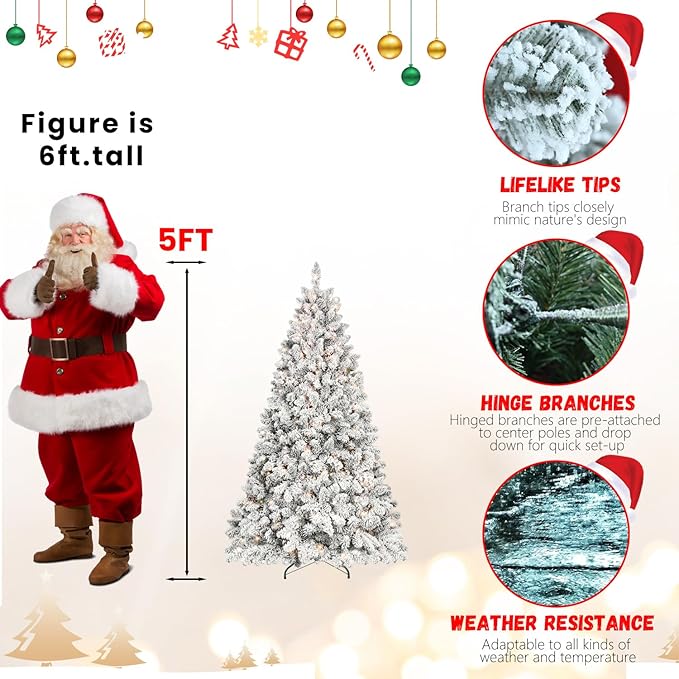 5FT Prelit Flocked Christmas Tree with 300 Lights & 600 Branch Tips, Pre Lit Hinged Xmas Tree with Memory Wire Technology, Premium Artificial Christmas Tree with Pine Cone for Holiday Decoration