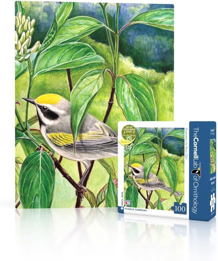 New York Puzzle Company - Cornell Lab Golden-Winged Warbler Mini - 100 Piece Jigsaw Puzzle for Adults by Reyn Ojiri
