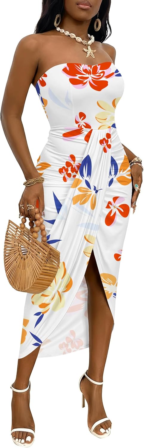 Umenlele Women's Strapless Ruched High Waist Wrap Split Asymmetrical Beach Maxi Long Dress